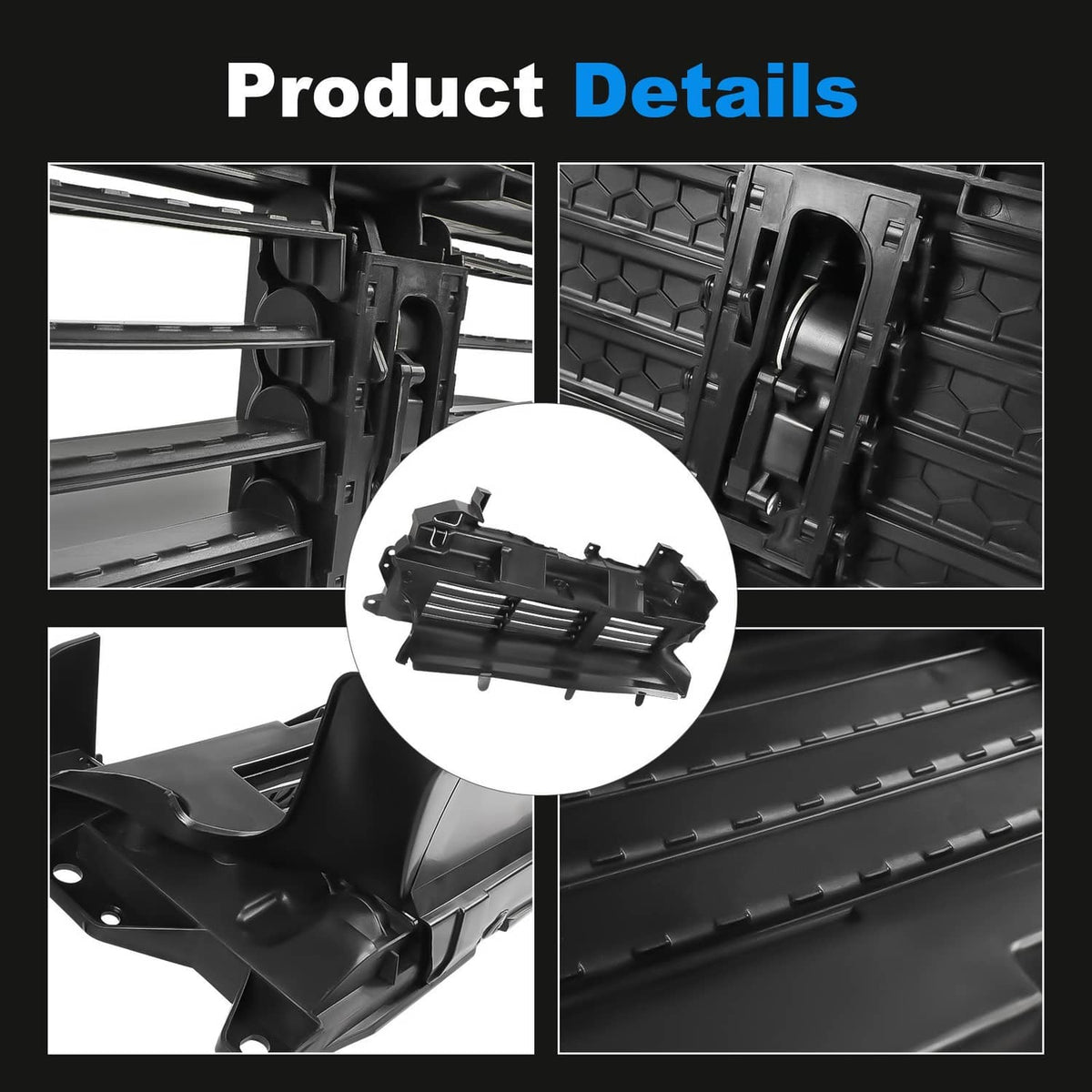Black grille shutter assembly detail view with louver fins and actuator housing