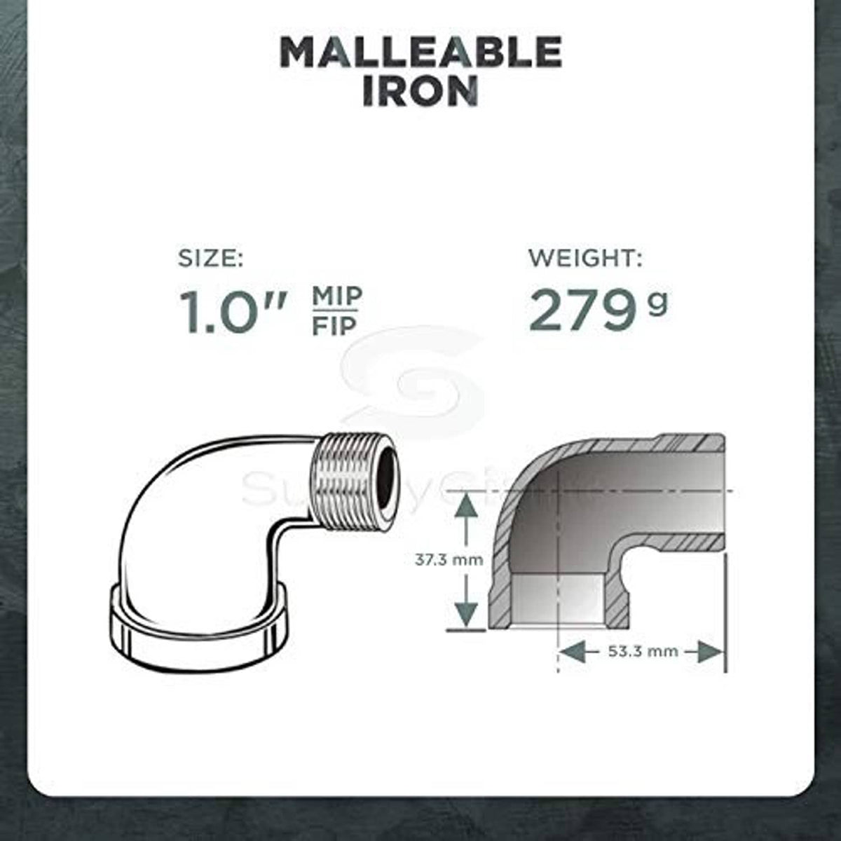Malleable iron 90-degree street elbow fitting with external threads, 1 in.