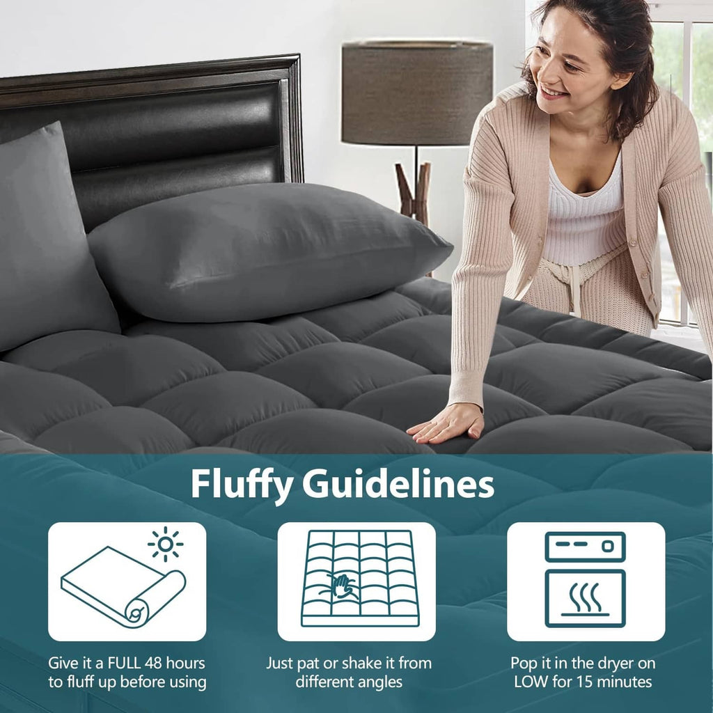 Grey extra-thick mattress topper with baffle-box quilting and padded loft