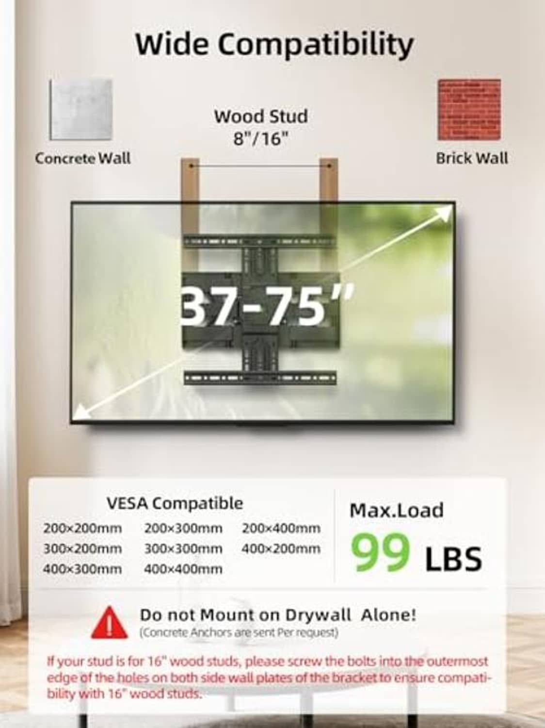 TV wall mount bracket with adjustable center plate and mounting rail openings