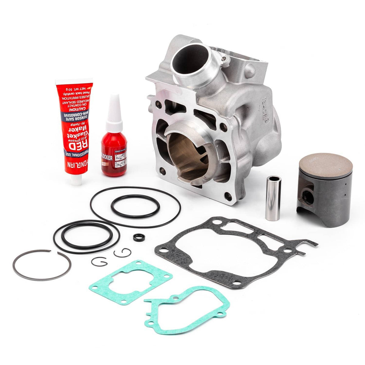 Engine top end rebuild kit with aluminum cylinder, piston, rings, gaskets, seals, and pin