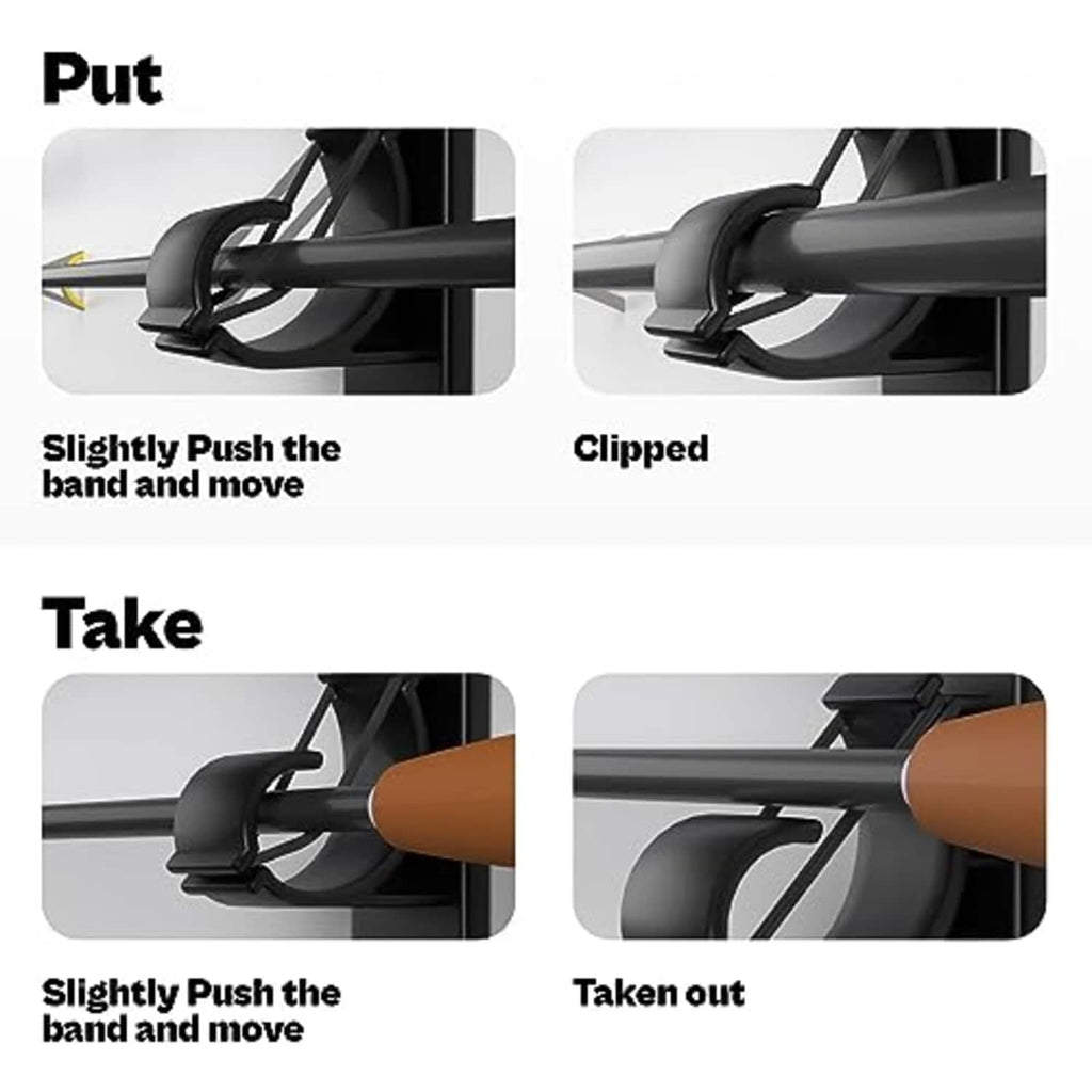 Insert and remove rods by pushing black clamp bands onto the wall-mount rack