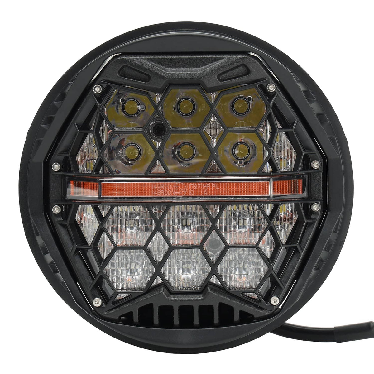 Close-up LED honeycomb headlight lens with amber bar and hex grid LED array