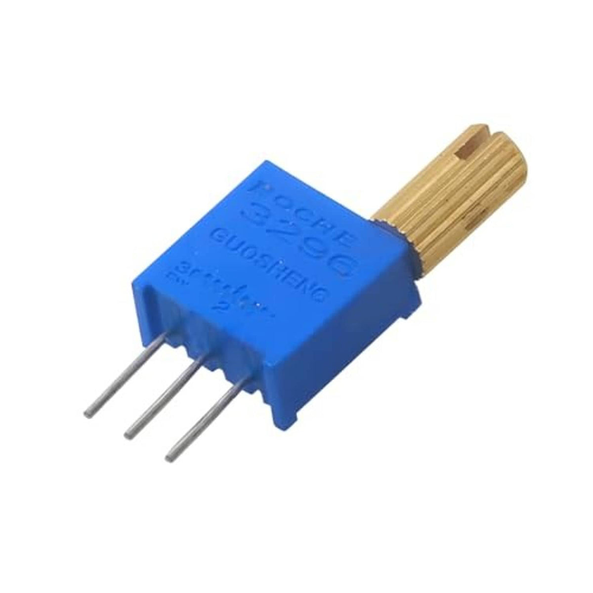 Blue multi-turn potentiometer component with brass metal shaft and three pin terminals
