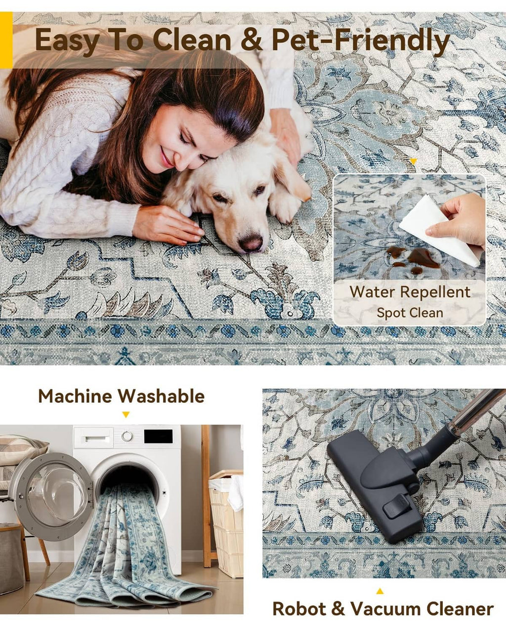 Blue and gray ornate washable runner rug on floor with pet lying beside it