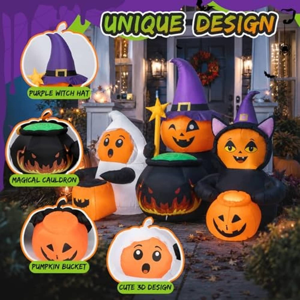 Halloween inflatable set with purple witch hat, ghost, cat, and jack-o-lantern bucket