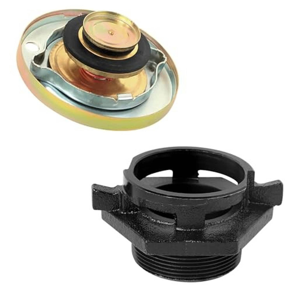 Fuel cap top view with vented gold-toned lid and black mounting with threads