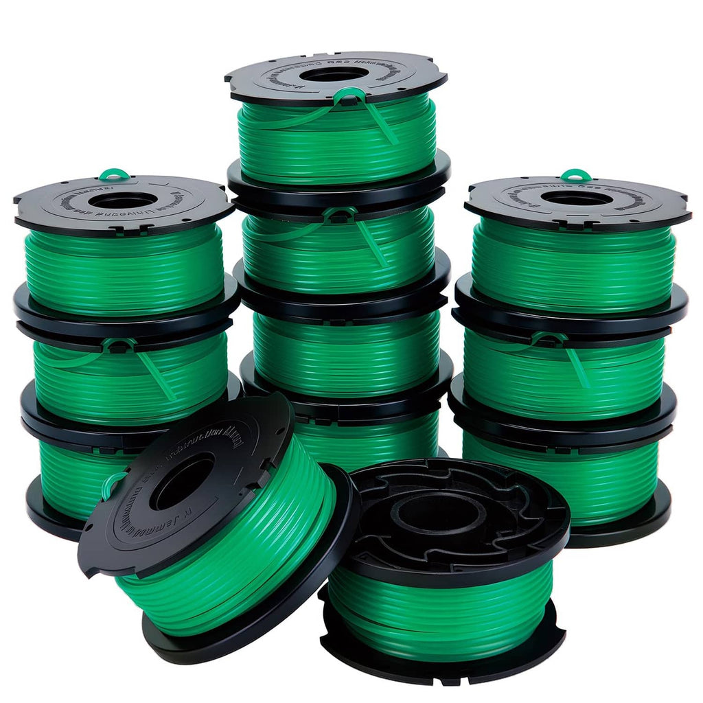 Green trimmer line replacement spools with black hubs, 12-pack set