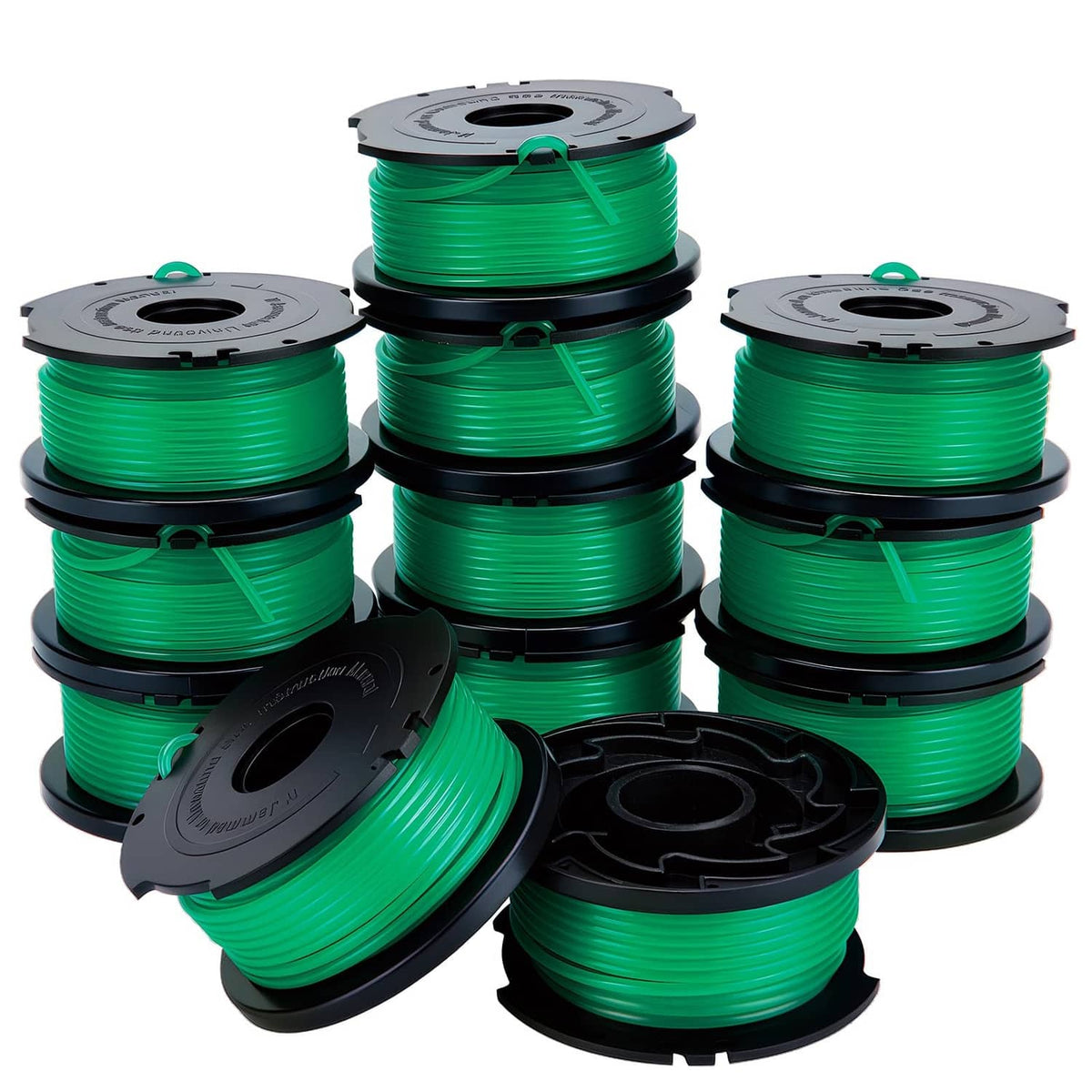 Green trimmer line replacement spools with black hubs, 12-pack set