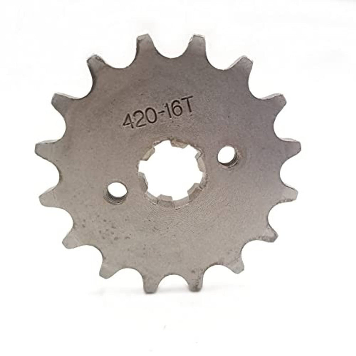 420-16T front sprocket with center splined bore and two mounting holes, steel