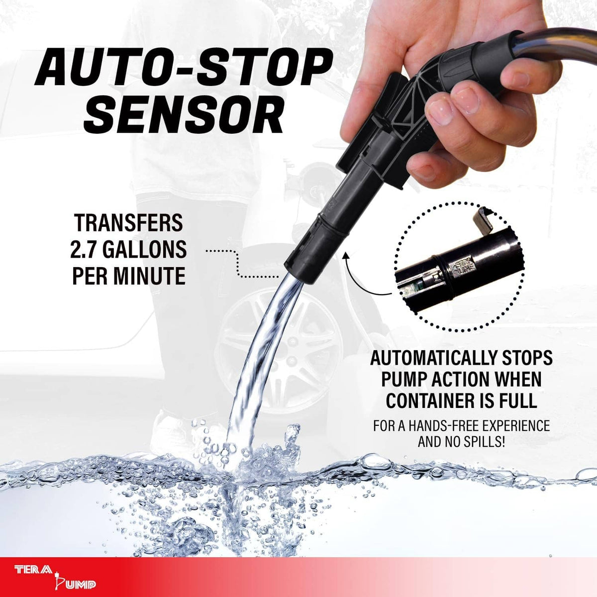 Fuel transfer pump auto-stop nozzle with hand trigger sensor and hose