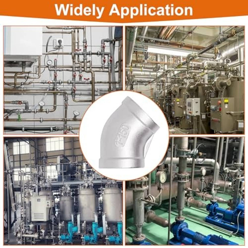 Stainless steel 45° elbow fitting with female NPT threads, application-ready.