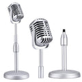 Vintage desktop microphone prop model with adjustable stand and round base, silver tone