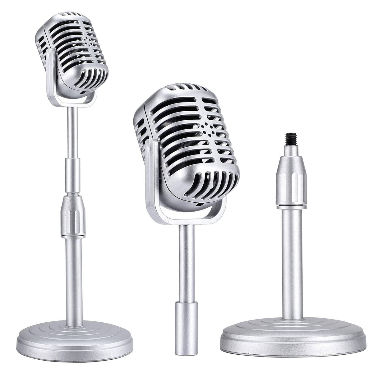 Vintage desktop microphone prop model with adjustable stand and round base, silver tone