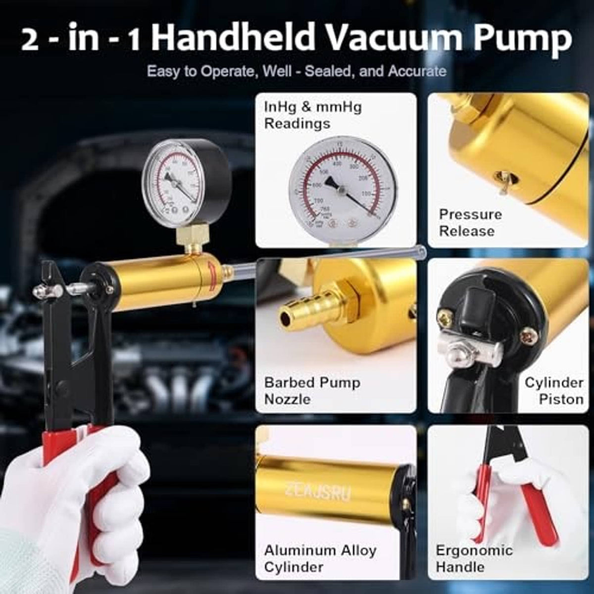 Handheld vacuum pump brake bleeder with pressure gauge and gold cylinder nozzle