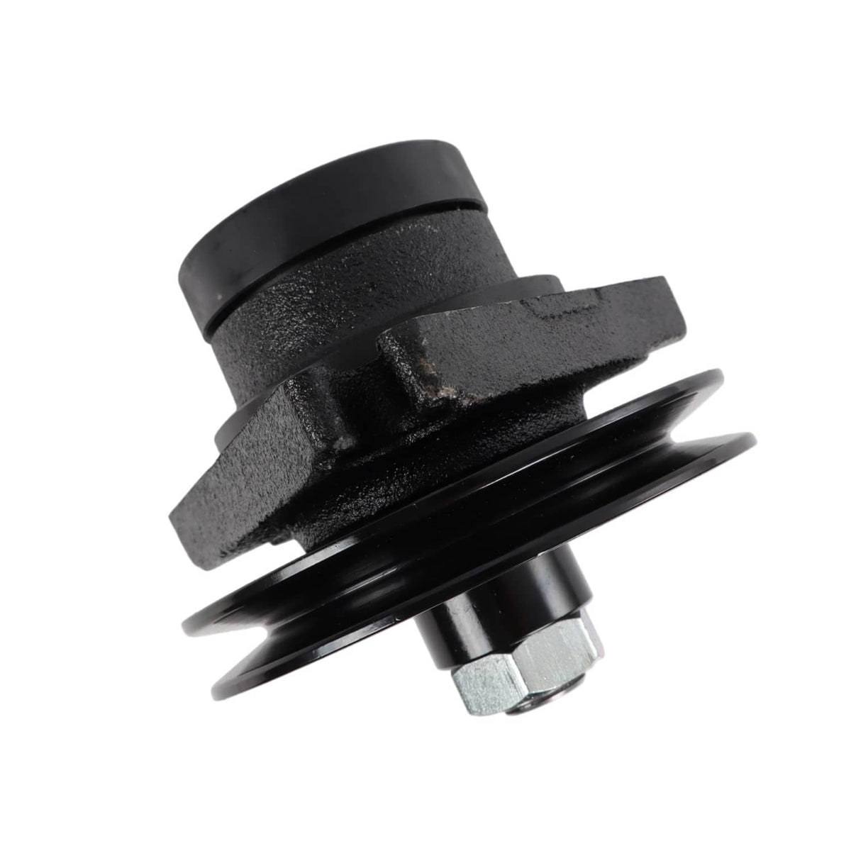Black spindle assembly with pulley faces, mounting ears, and silver axle bolt