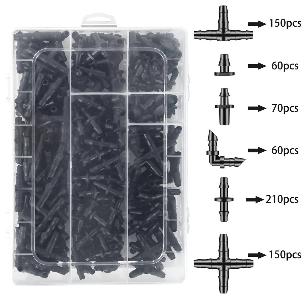 Black barbed drip irrigation connectors in a clear organizer box, with quantity callouts