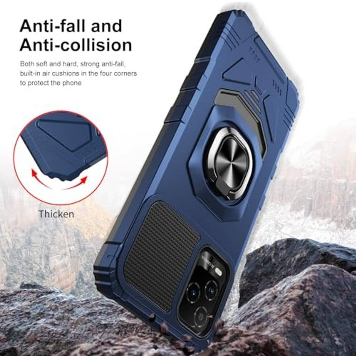 Blue rugged phone case with textured grip panels and raised ring stand
