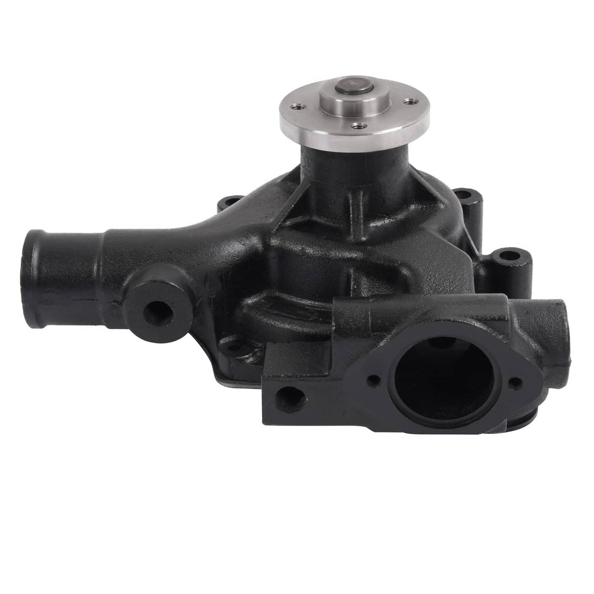 Water pump with black housing and silver top bearing cap