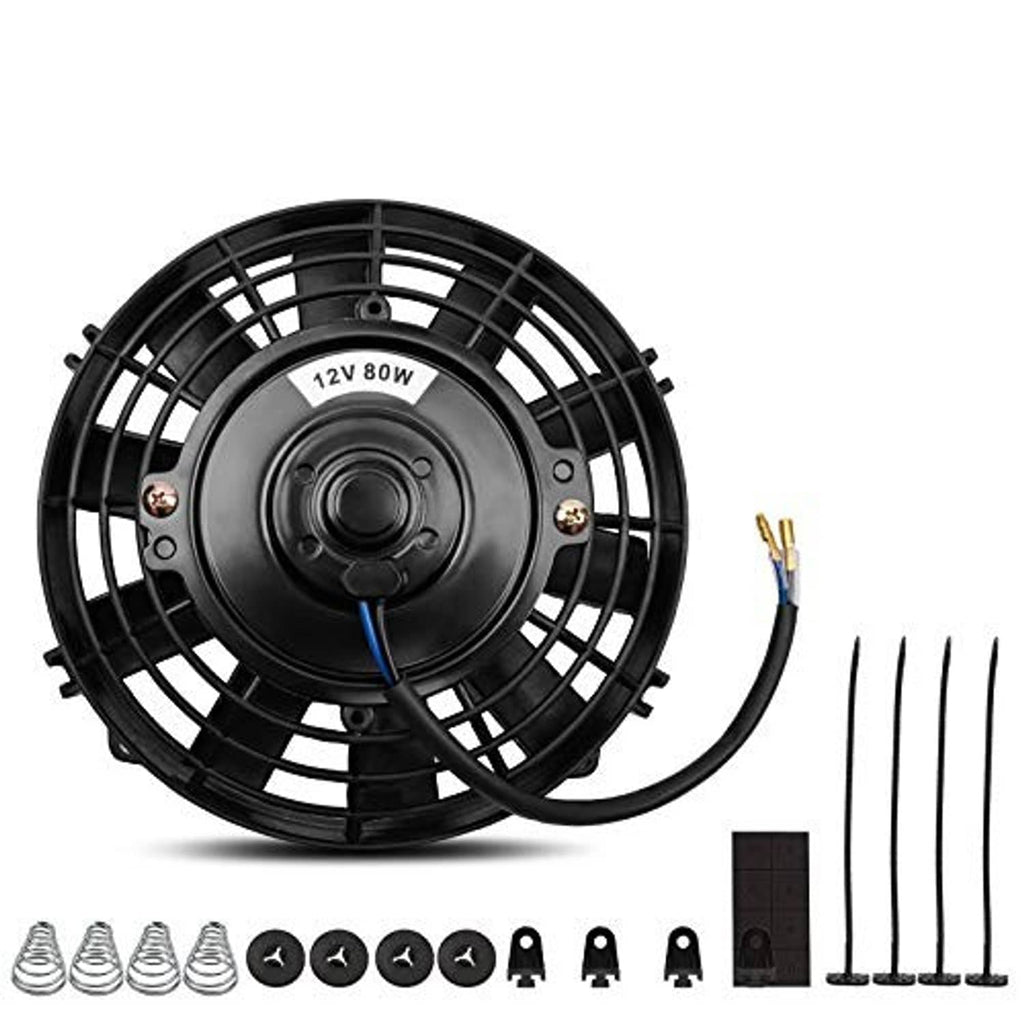 8-inch 12V radiator cooling fan with black metal grille and wiring harness