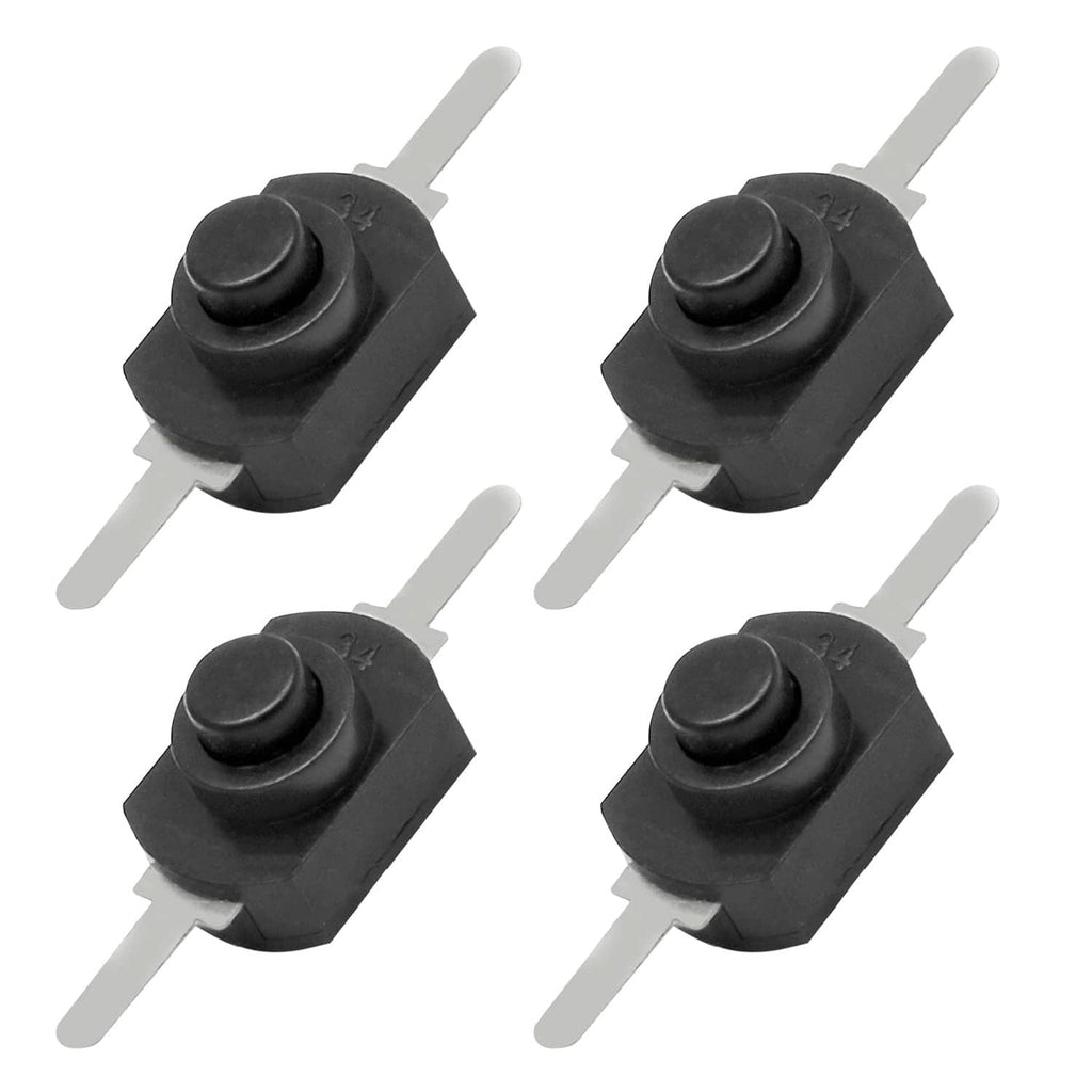 Black self-lock mini push button switches with gray actuator tabs, close-up set