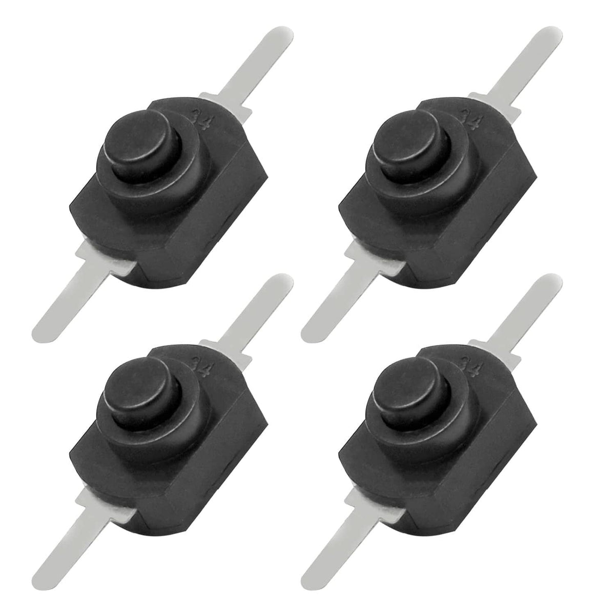 Black self-lock mini push button switches with gray actuator tabs, close-up set