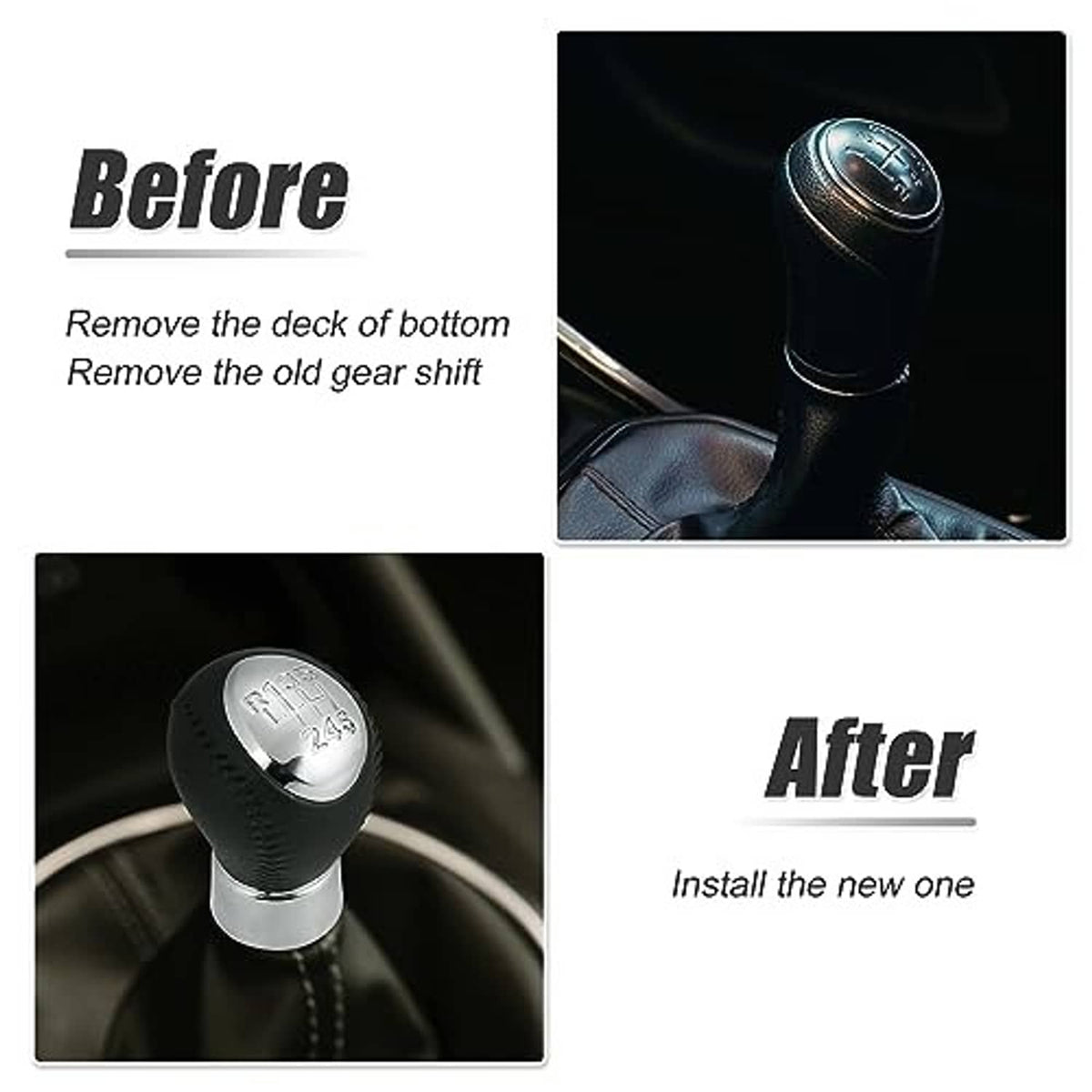 Manual gear shift knob upgrade showing black leather knob and silver base in car interior