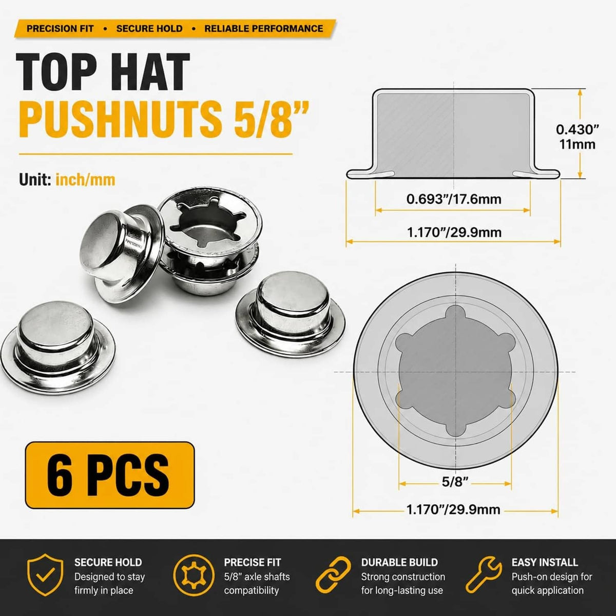 6-pack of silver 5/8 in top-hat pushnut axle caps with spring steel profile