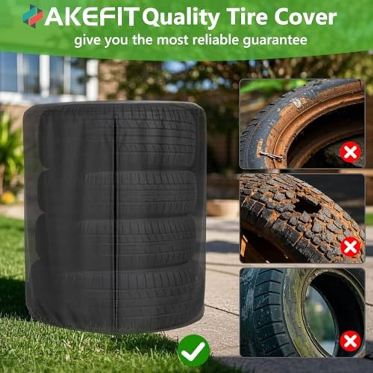 Black tire cover on outdoor surface with example of protected vs exposed tire
