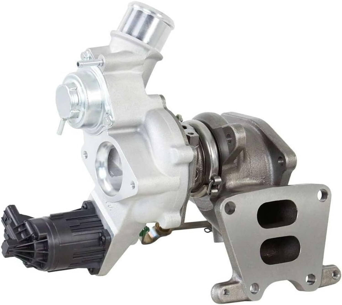 Turbocharger with actuator, silver turbine housing with black actuator motor.