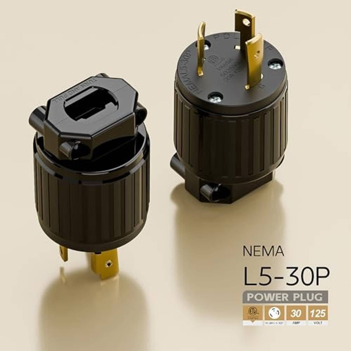 Nema L5-30P power plug with protective black housing and gold prongs