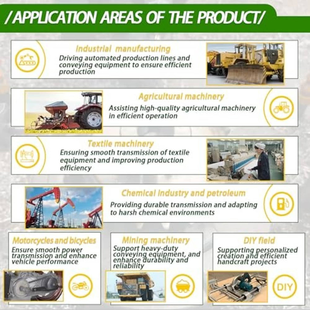 Roller chain sprocket application areas infographic with industrial, agricultural, and DIY icons
