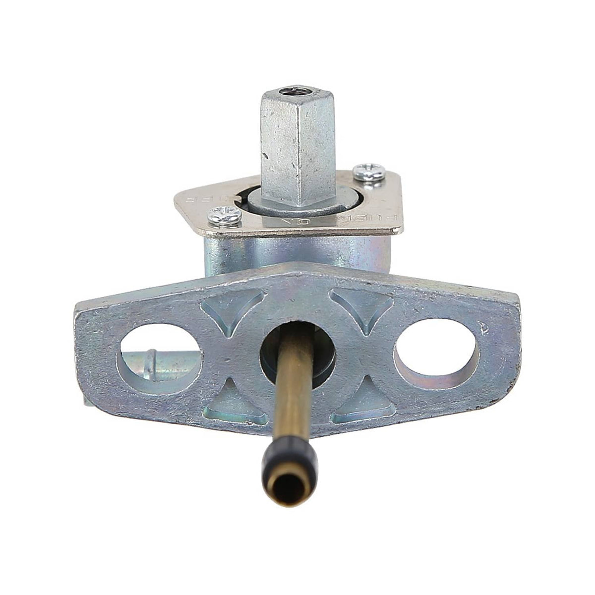 Fuel tank petcock valve with metal housing and two outlet ports