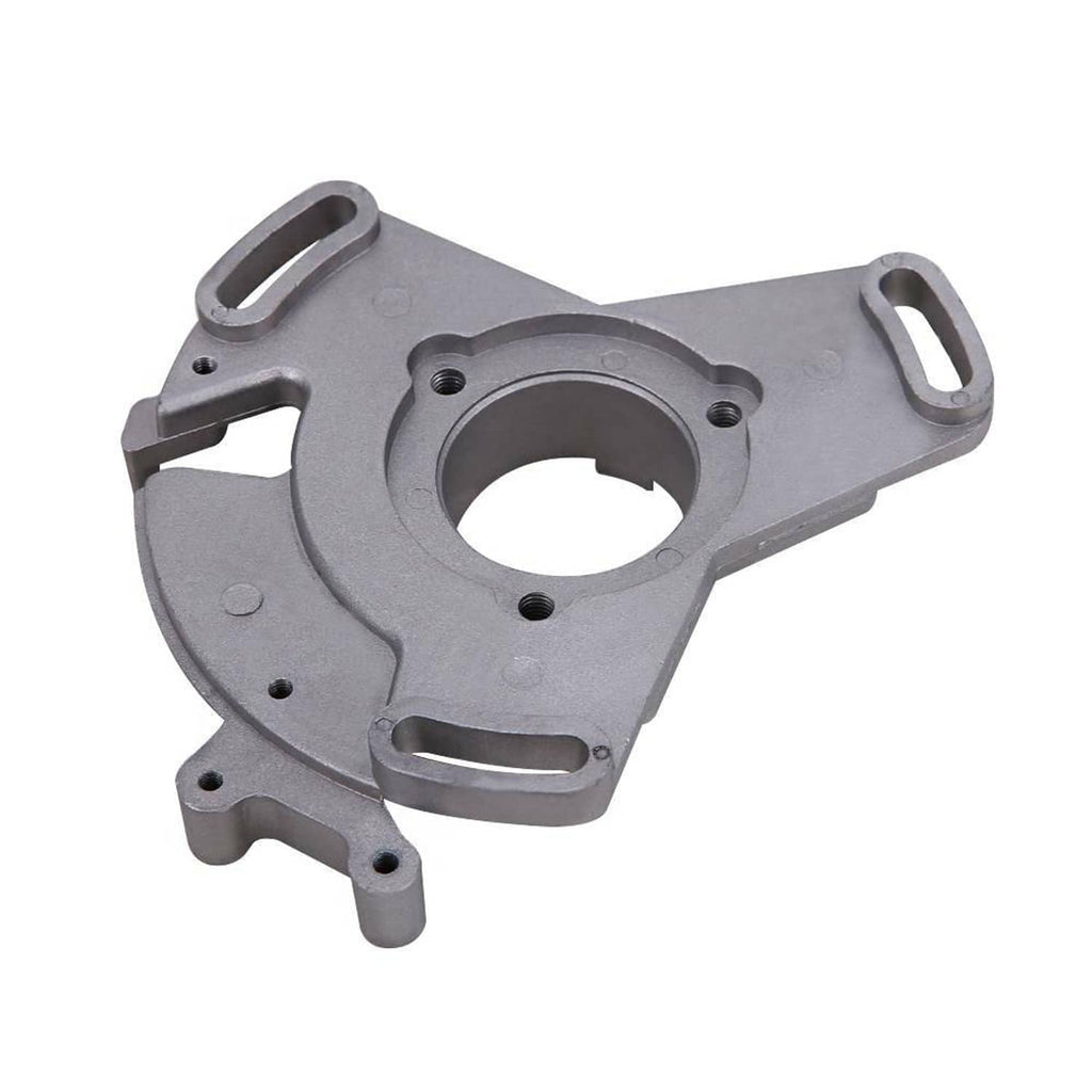 Aluminum stator timing plate with circular mounting bore, gray metal, bolt holes