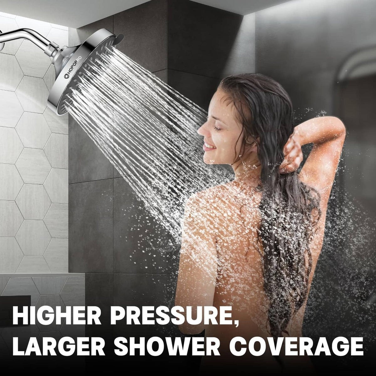 Chrome high-pressure shower head spraying water in wide coverage pattern