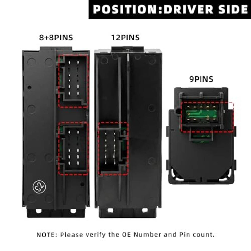 Power window switch connector panel with pin layout, black housing