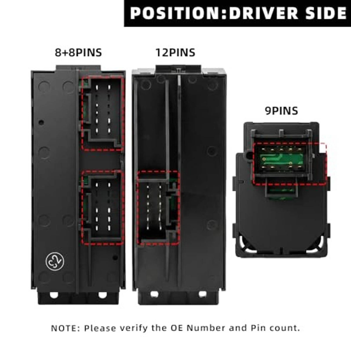 Power window switch connector panel with pin layout, black housing