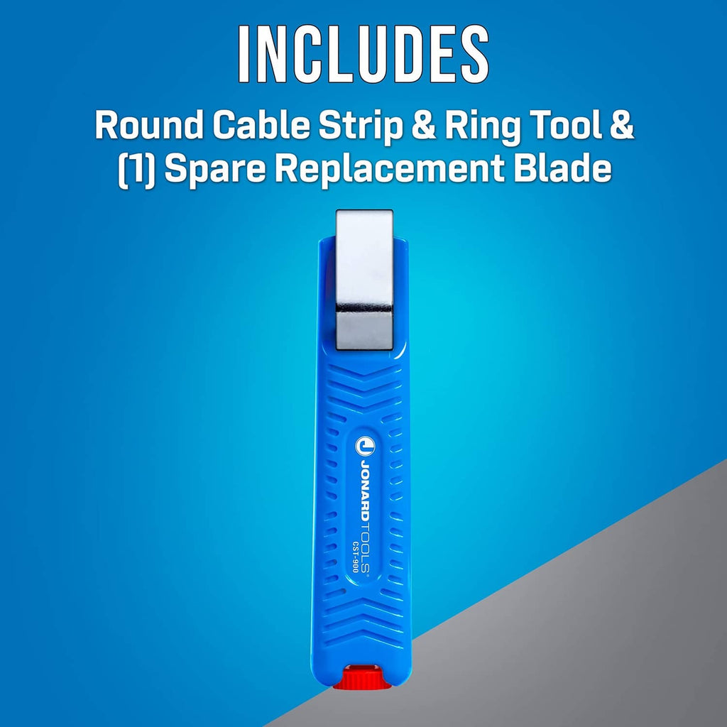 Blue round cable stripping tool with included spare replacement blade at top