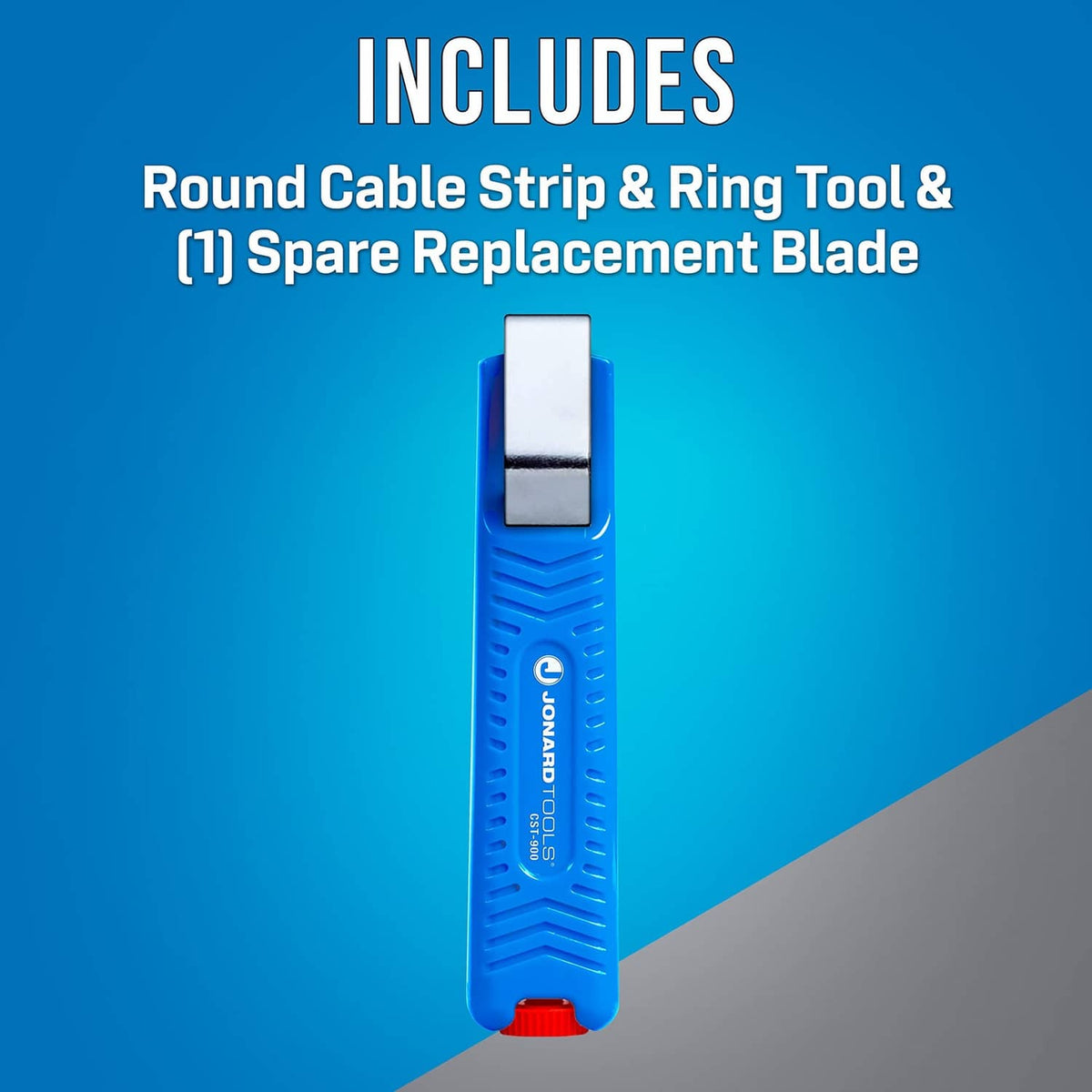 Blue round cable stripping tool with included spare replacement blade at top