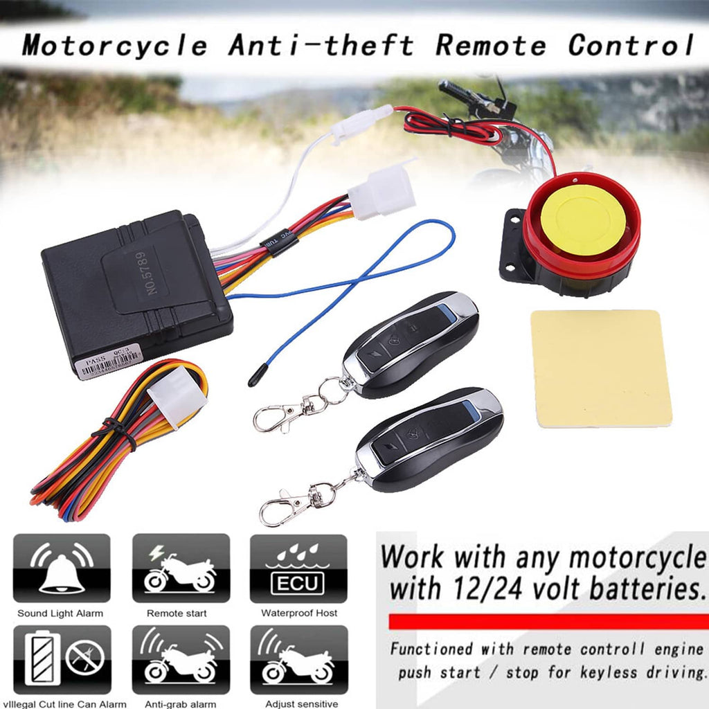 Motorcycle anti-theft remote control alarm kit with black ECU box, red siren button, two remotes