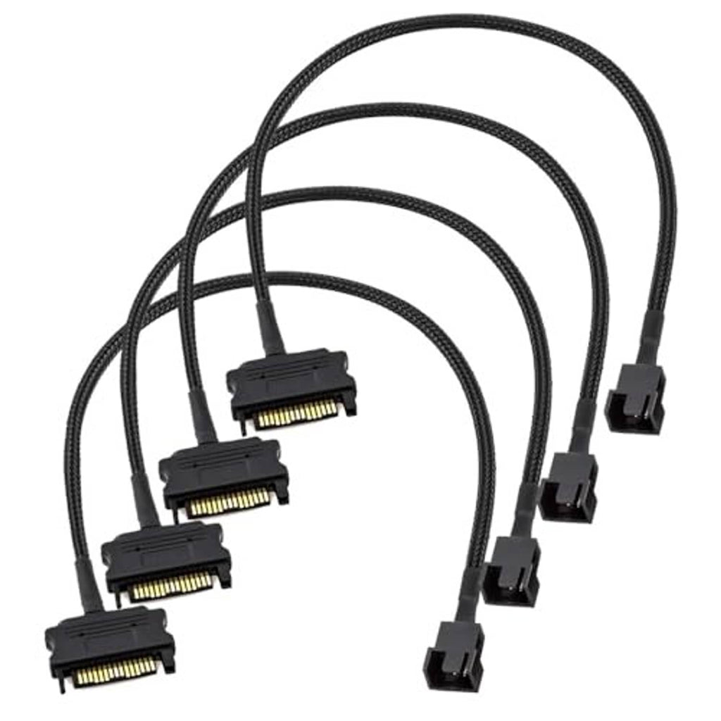 Black braided SATA to fan power cables with multiple 4-pin and 3-pin connectors