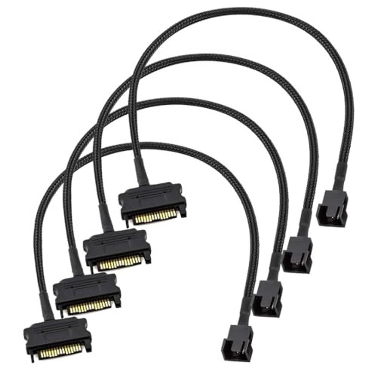 Black braided SATA to fan power cables with multiple 4-pin and 3-pin connectors