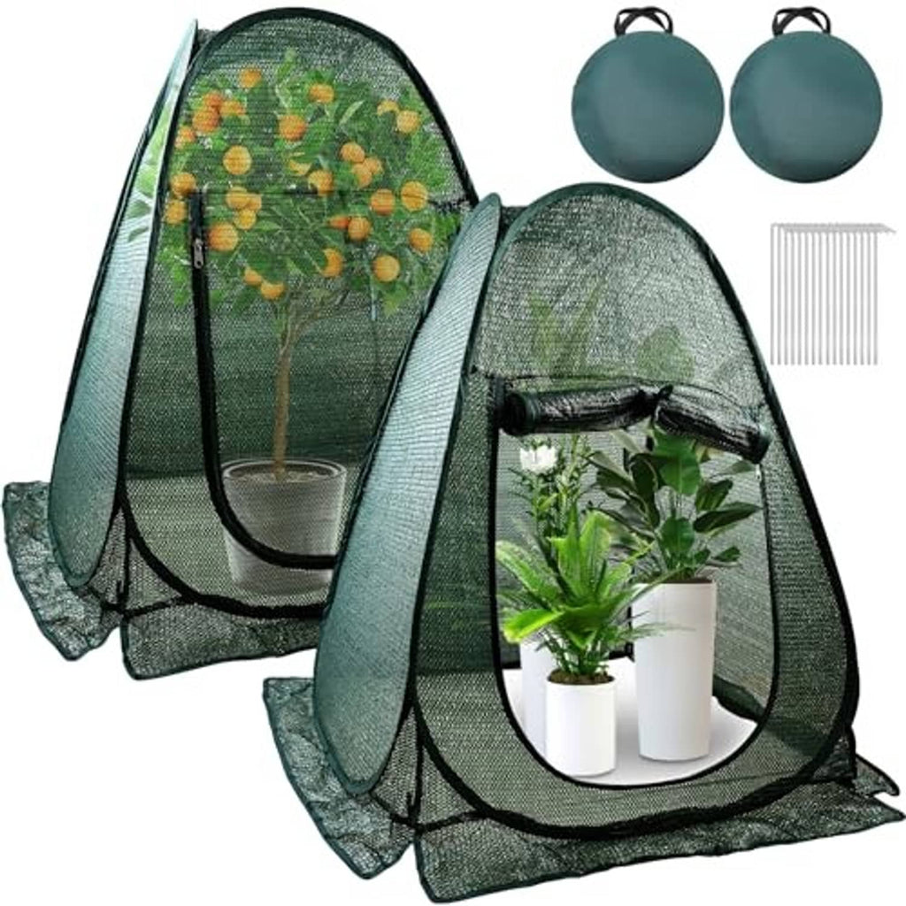 Two dark green mesh pop-up plant cover tents with front zip doors and bases