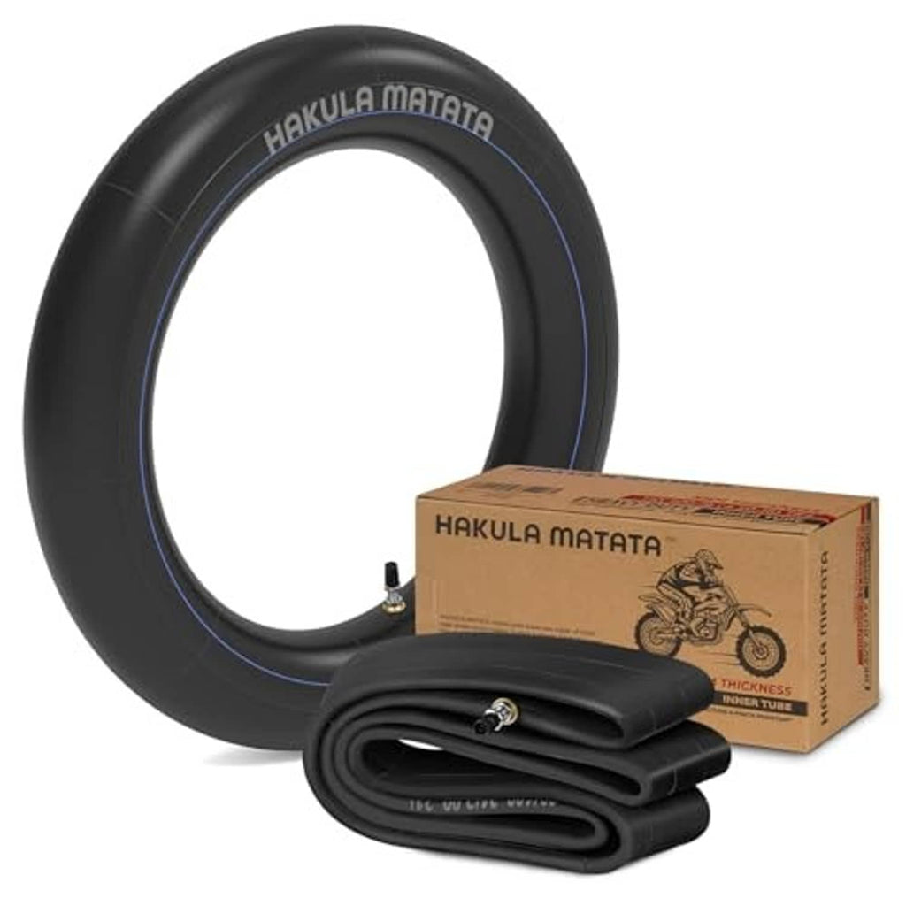 Black dirt bike inner tube with TR4 valve stem and folded spare tube