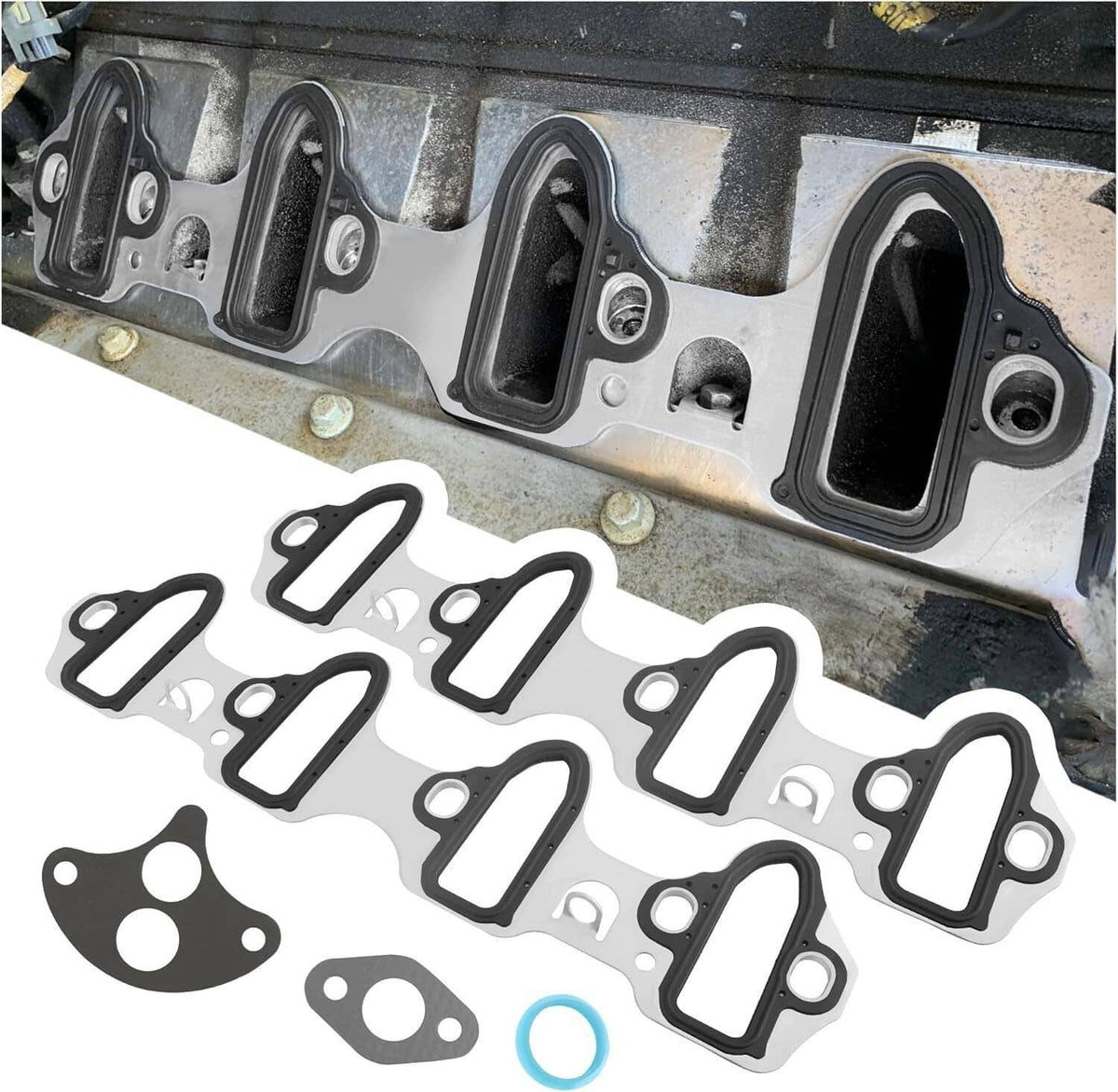 Fel-Pro intake manifold gasket set laid out with black gaskets, corner plates, and O-ring