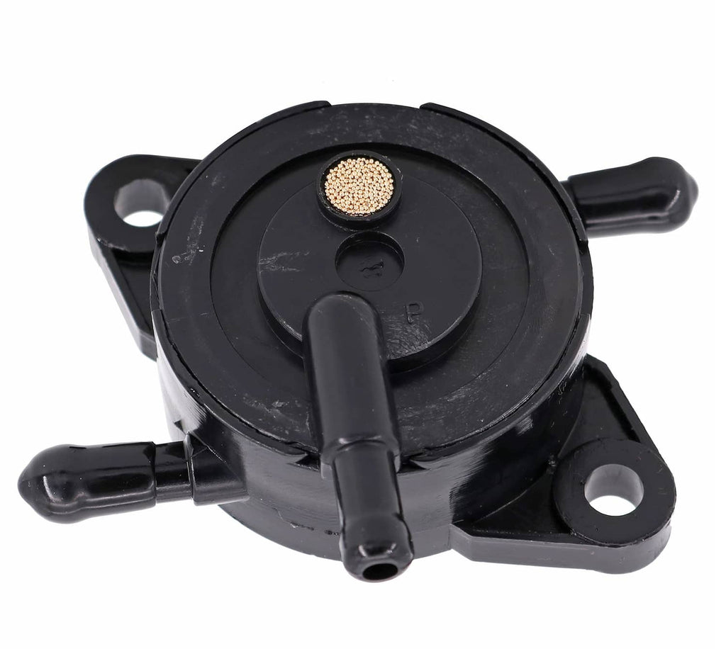 Black fuel pump with inlet/outlet nipples and filter mesh on circular cap
