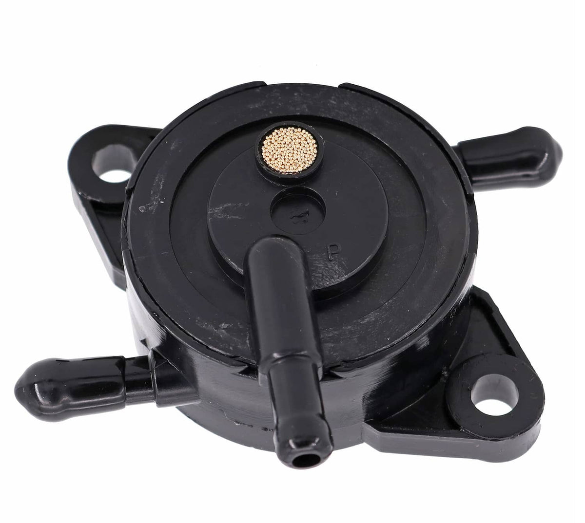 Black fuel pump with inlet/outlet nipples and filter mesh on circular cap