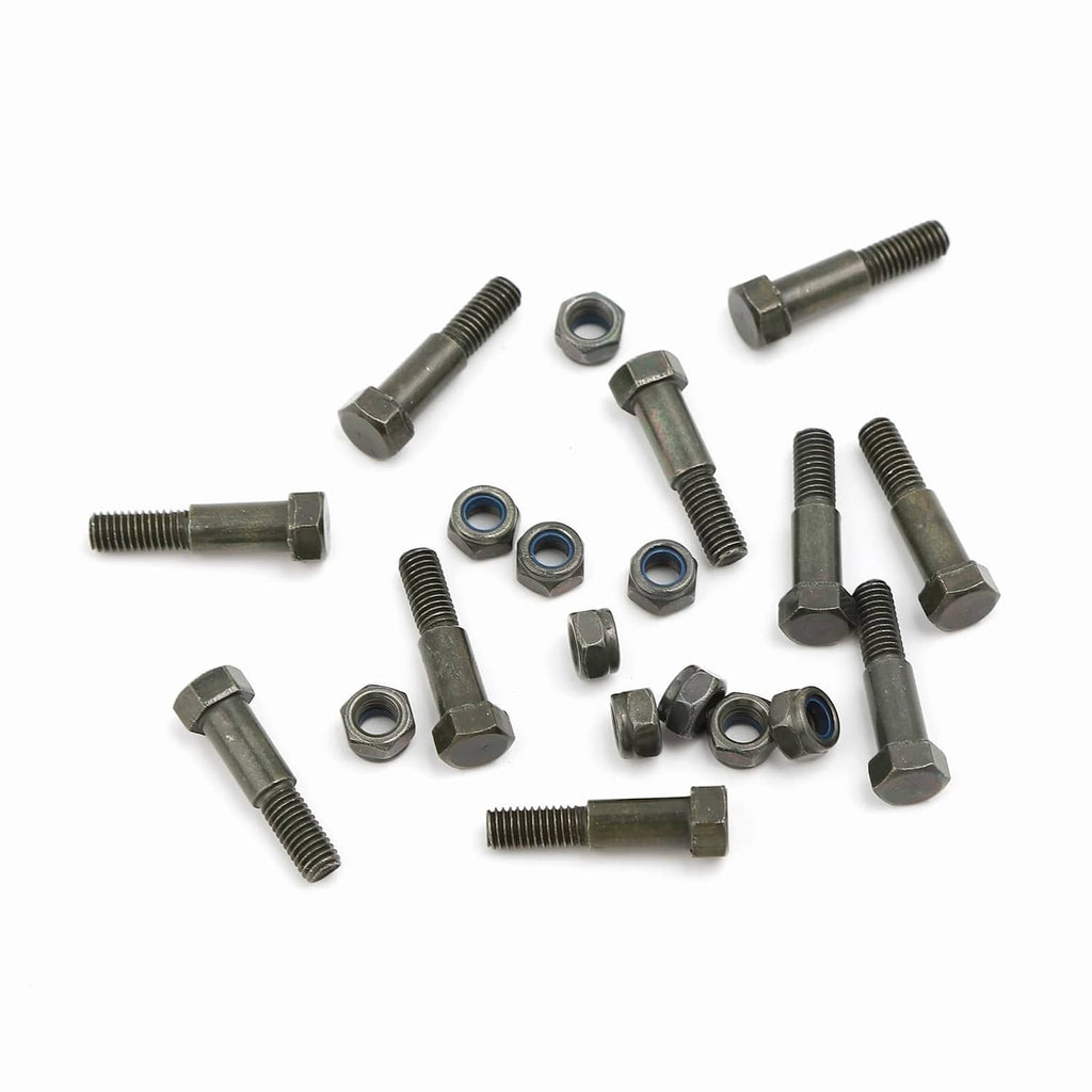 Assorted motorcycle handlebar lever pivot bolts with hex heads, nuts, and washers, dark gray
