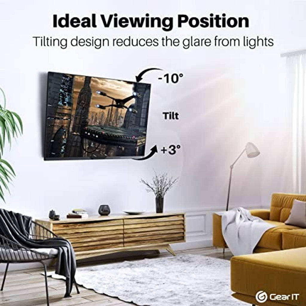 TV on tilt wall mount showing -10° to +3° tilt arrows