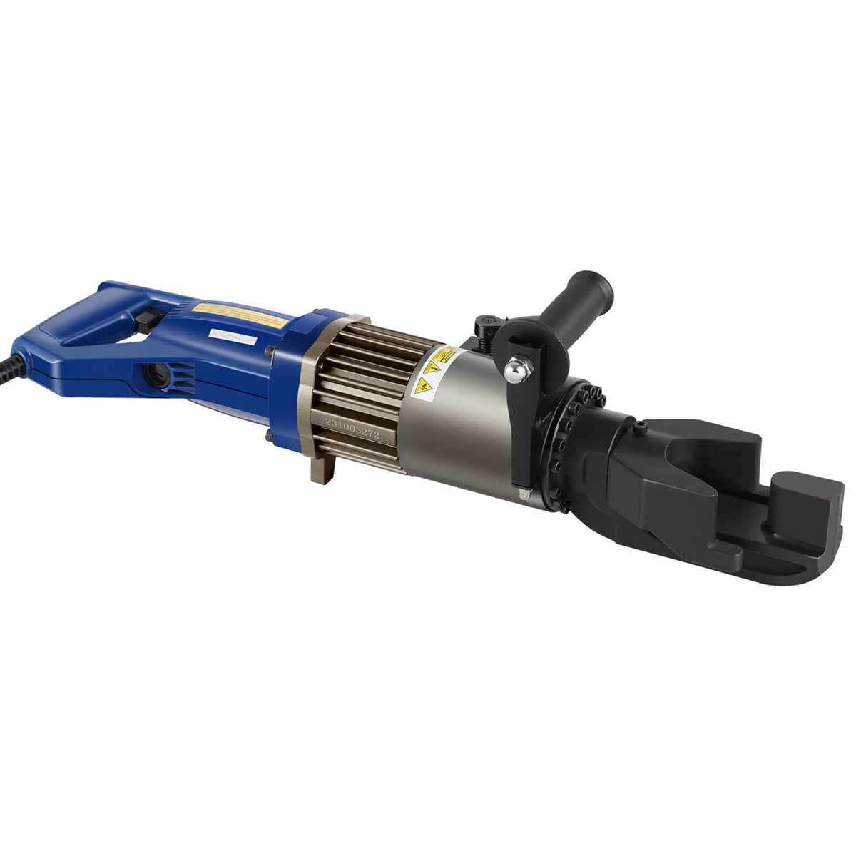 Hydraulic electric rebar bender tool with blue motor housing and black clamp head